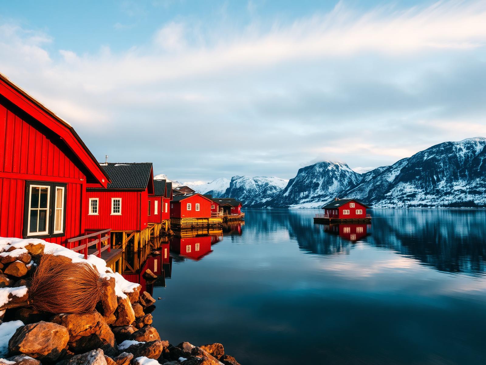 Fjord Nordic dengan kabin kayu merah dan gunung bersalji